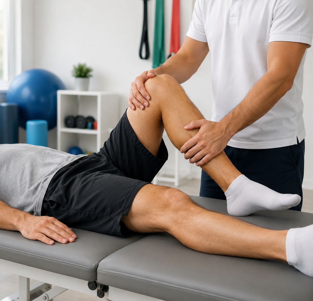 Fisioterapeuta realizando mobilização de joelho em paciente na maca
