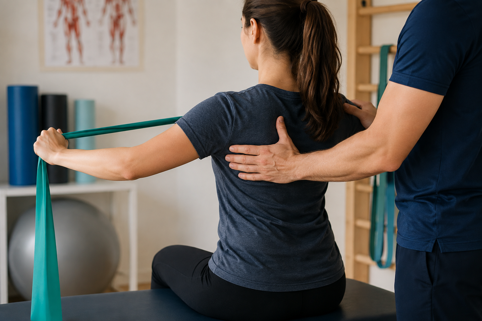 Fisioterapeuta acompanhando exercício com faixa elástica em atendimento na clínica