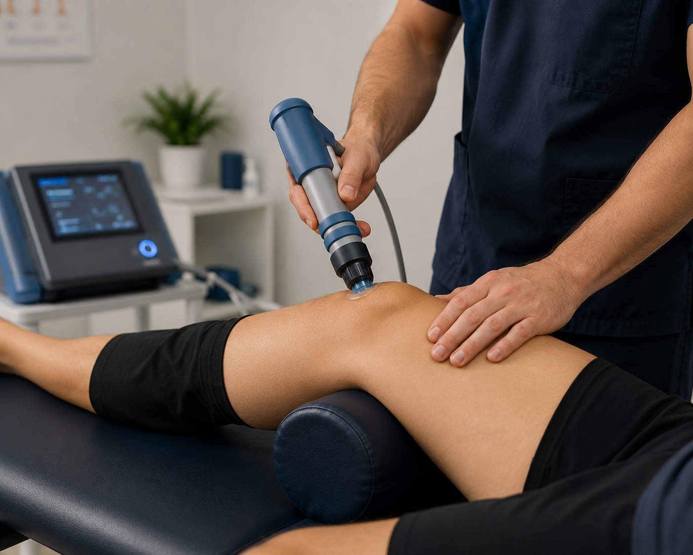 Aplicação de terapia por ondas de choque no joelho