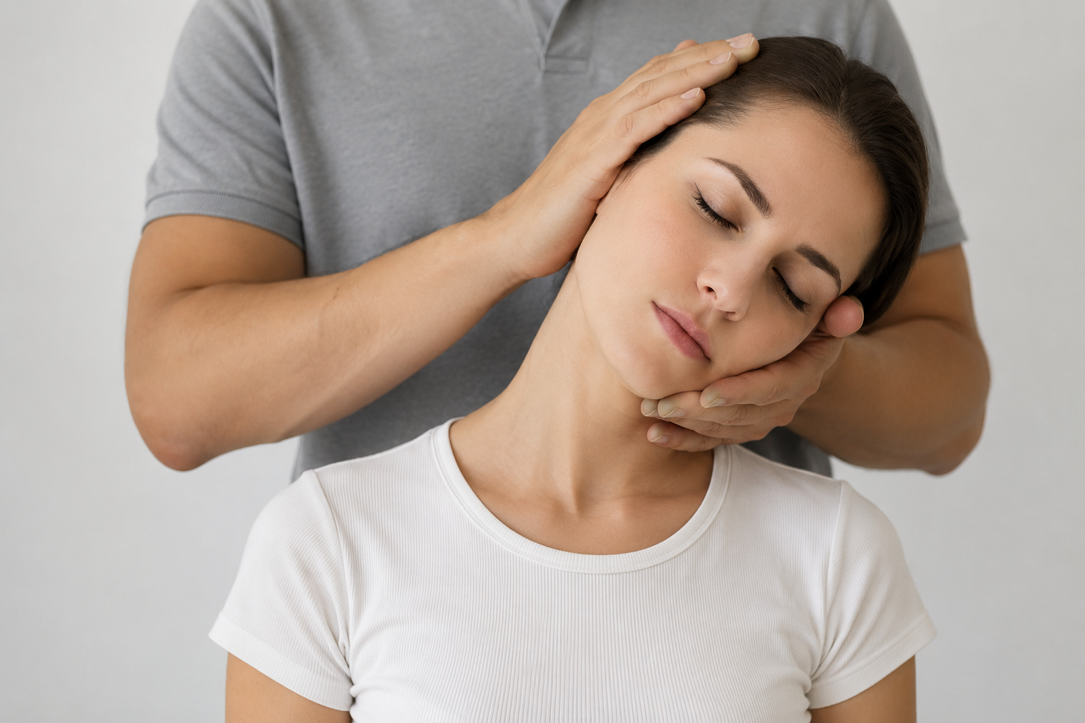 Profissional realizando ajuste manual da região cervical em paciente